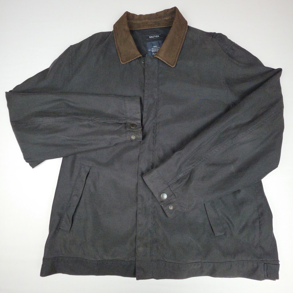 Nautica Harrington Bomber Jacket Mens XXL Black Leather Trim Nylon Blend